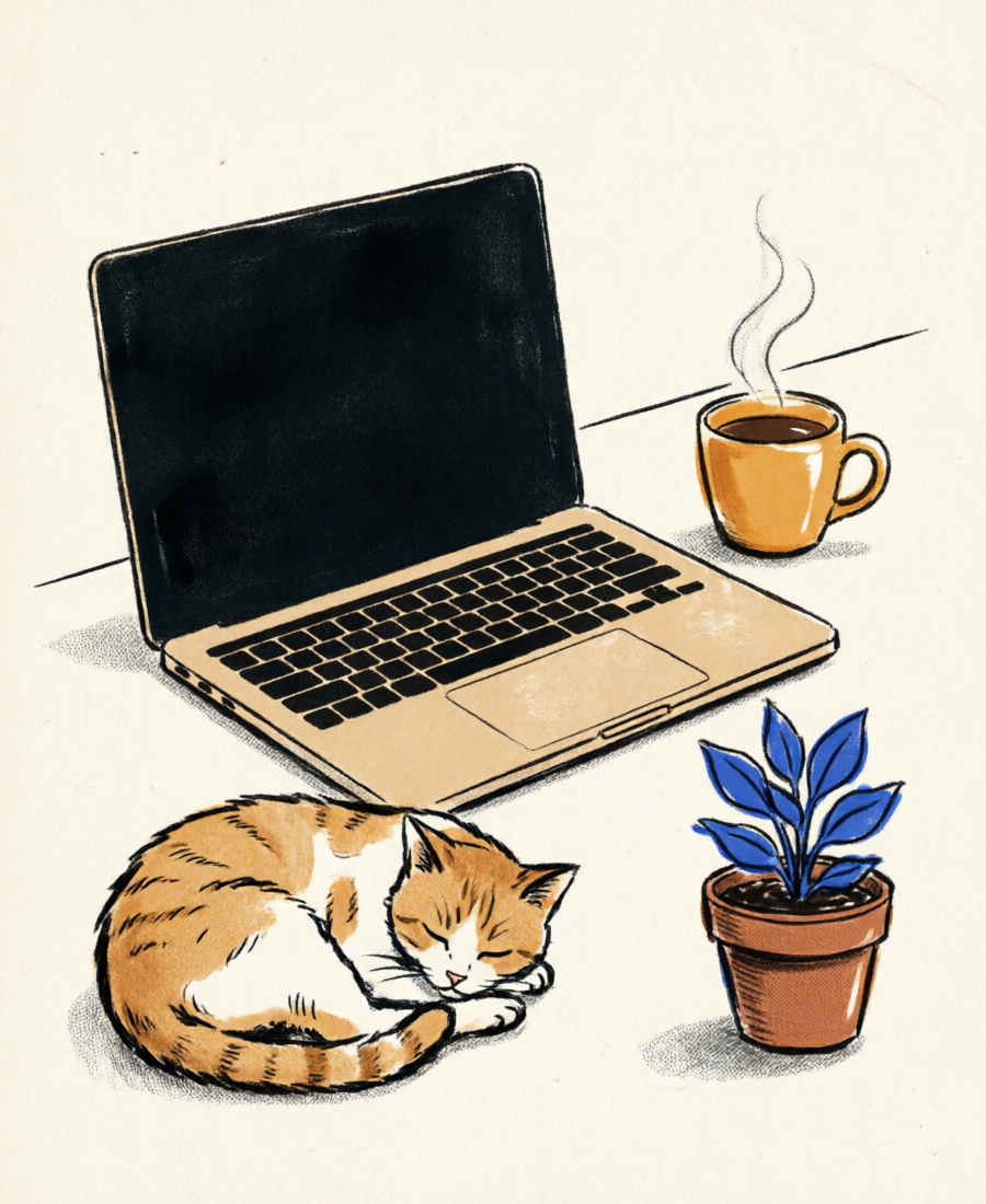 Risograph illustration of a developer desk with a laptop, coffee and a sleeping cat